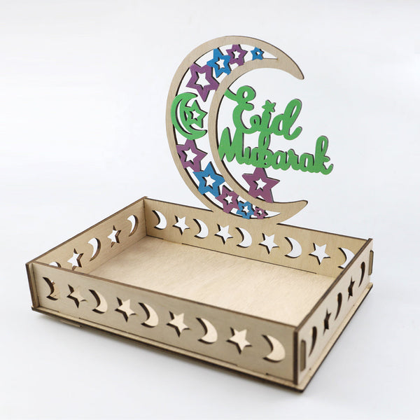 Wooden Craft Tray - Eid Mubarak Crescent Green