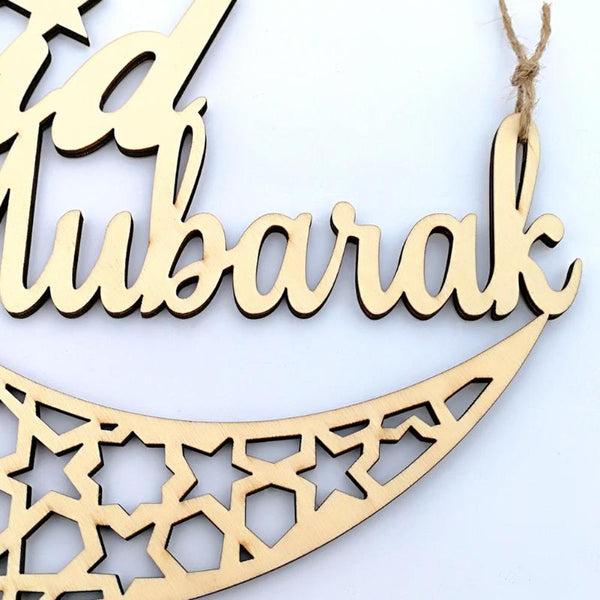 Eid Mubarak Wooden Hanging Decoration - Geometric Moon