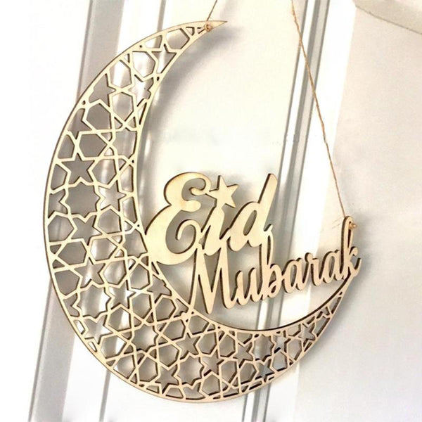 Eid Mubarak Wooden Hanging Decoration - Geometric Moon