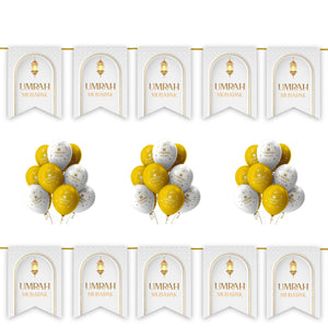 Umrah Mubarak 20 pc Decoration Set - White & Gold Hanging Lanterns