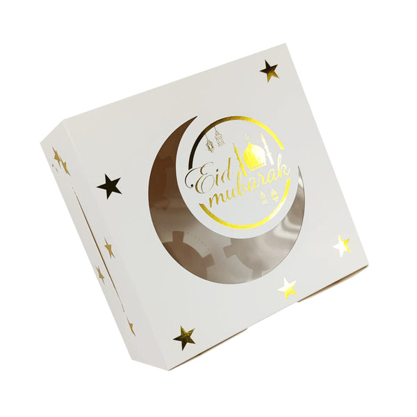 Eid Mubarak 4 Compartment Cupcake Box - White with Gold Stars
