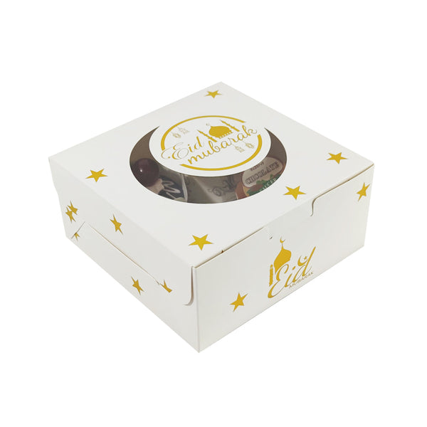 Eid Mubarak 4 Compartment Cupcake Box - White with Gold Stars