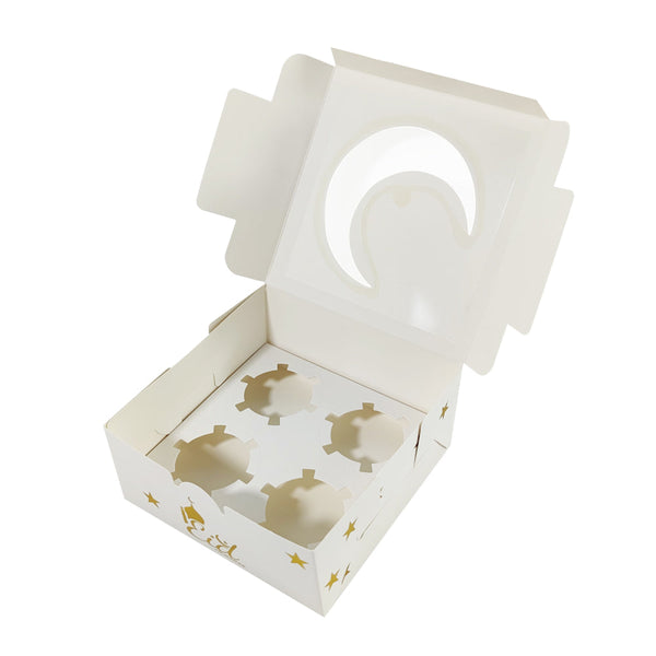 Eid Mubarak 4 Compartment Cupcake Box - White with Gold Stars