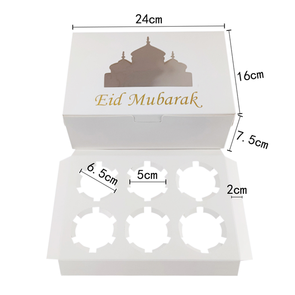 Eid Mubarak 6 Compartment Cupcake Box - White