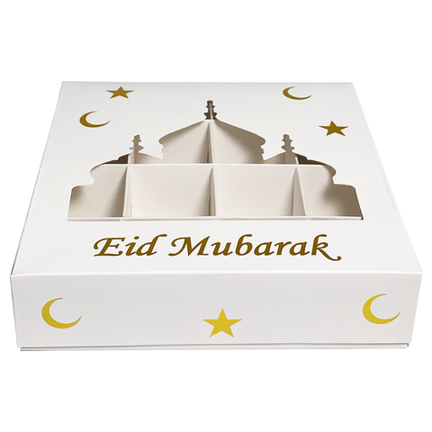 Eid Mubarak 12 Compartment Cupcake Box - White / Gold Stars