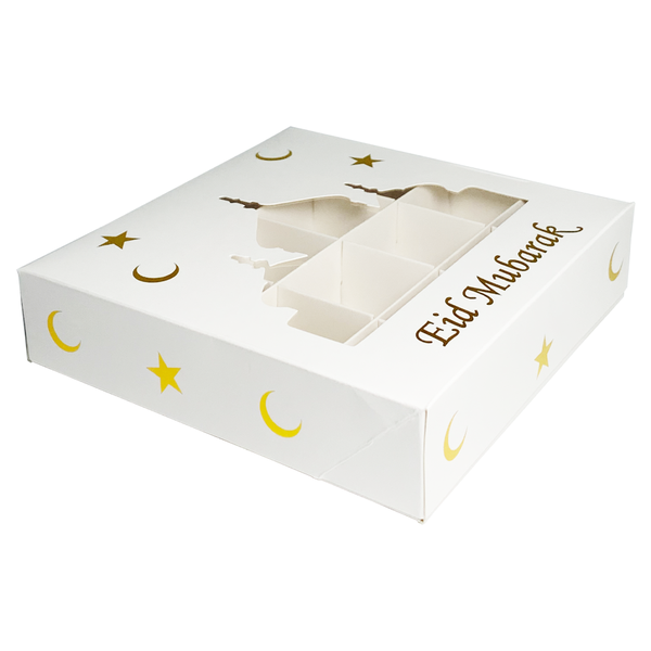 Eid Mubarak 12 Compartment Cupcake Box - White / Gold Stars