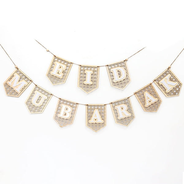 Eid Mubarak Bunting - Acrylic Wooden White Lace - White Letters