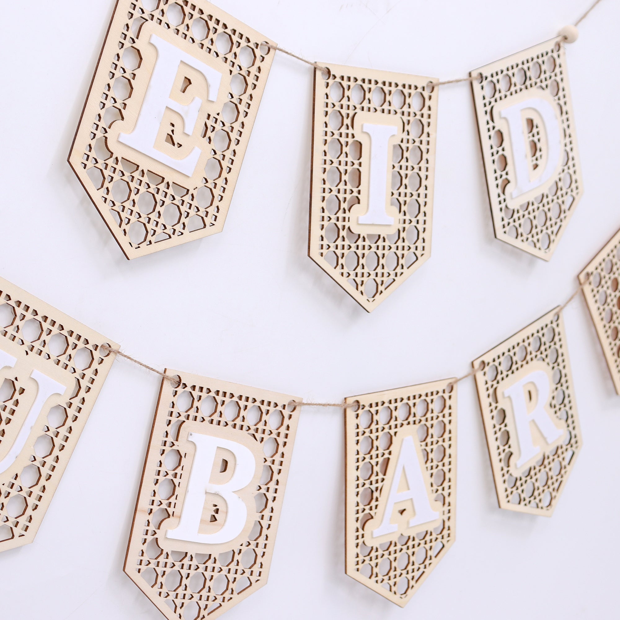 Eid Mubarak Bunting - Acrylic Wooden White Lace - White Letters