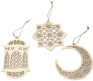 Wooden Geometric Hanging Eid Mubarak Decorations - Laser Cut Rustic Moon Star Lantern