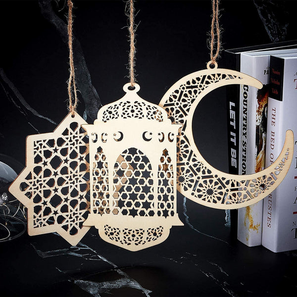 Wooden Geometric Hanging Eid Mubarak Decorations - Laser Cut Rustic Moon Star Lantern