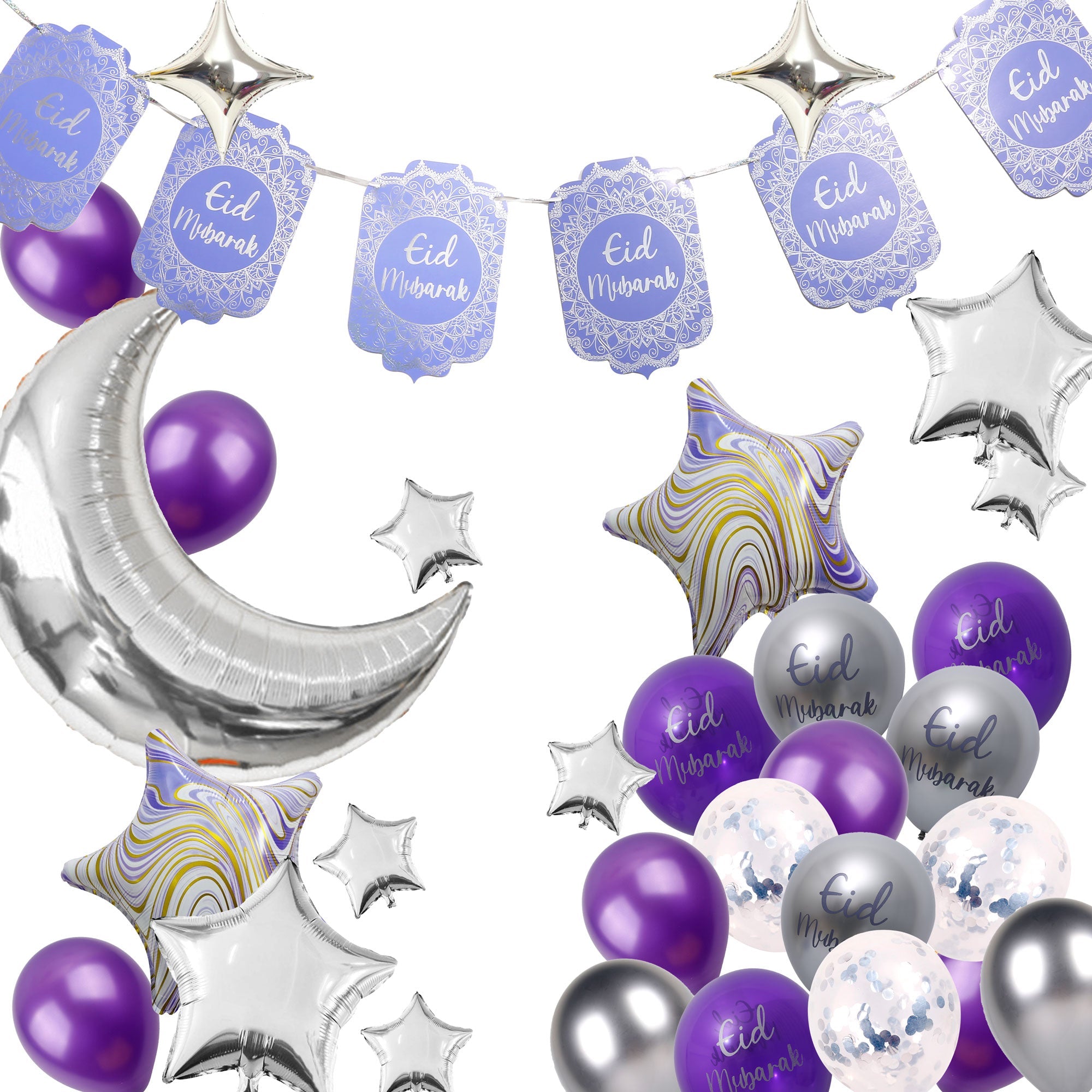 Eid Mubarak 67 pcs Decoration Set - Purple, Blue & Silver