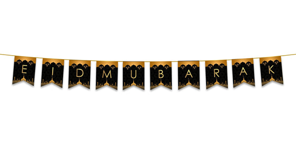 Eid Mubarak Bunting - Black & Gold Domes & Lanterns Letter Flags Decoration