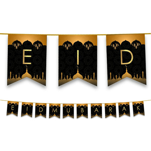 Eid Mubarak Bunting - Black & Gold Domes & Lanterns Letter Flags Decoration
