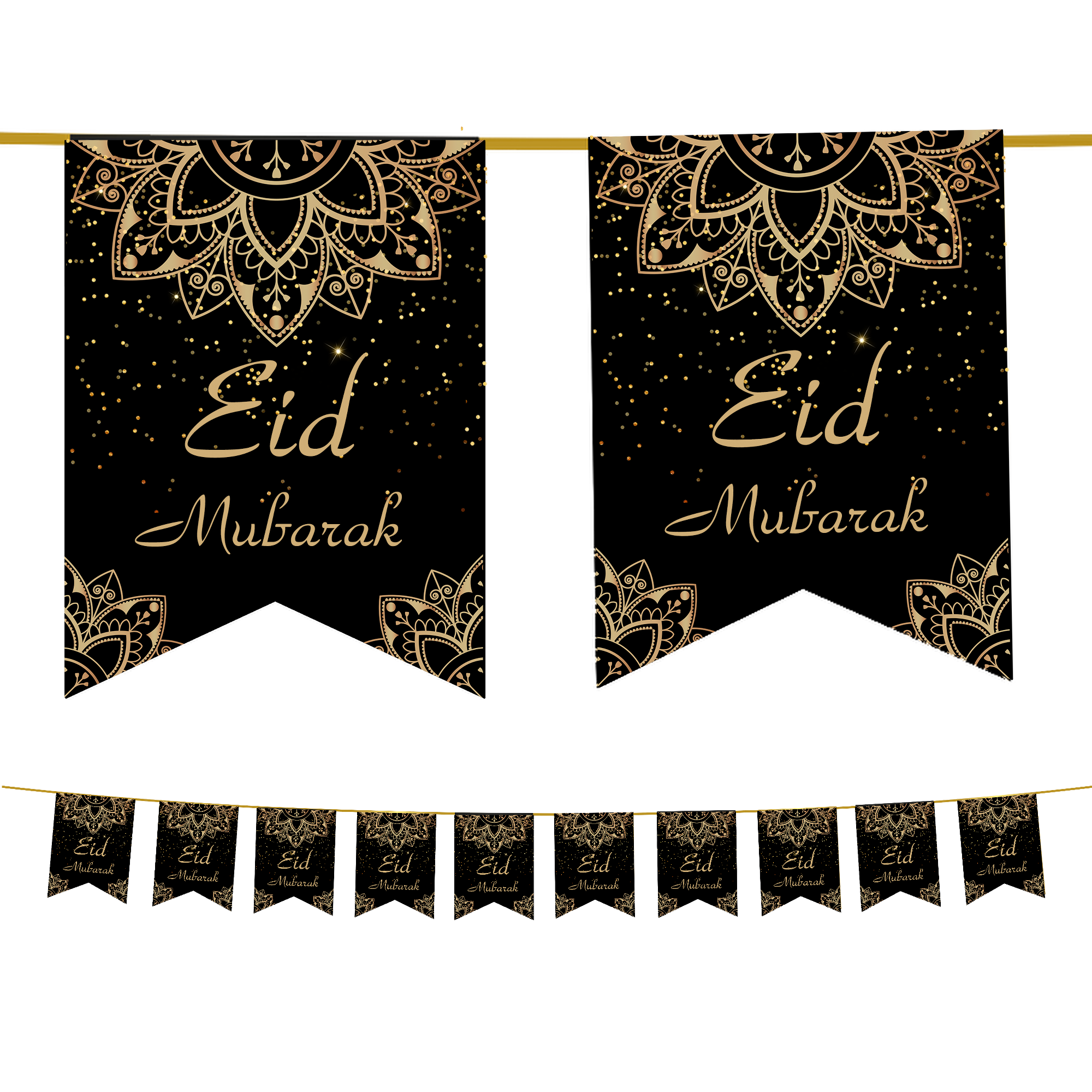 Eid Mubarak Bunting - Black & Gold Geometric Flags Decoration