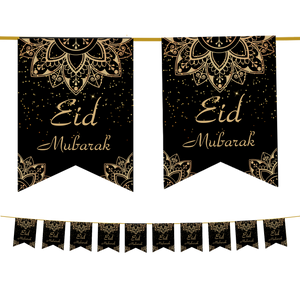 Eid Mubarak Bunting - Black & Gold Geometric Flags Decoration