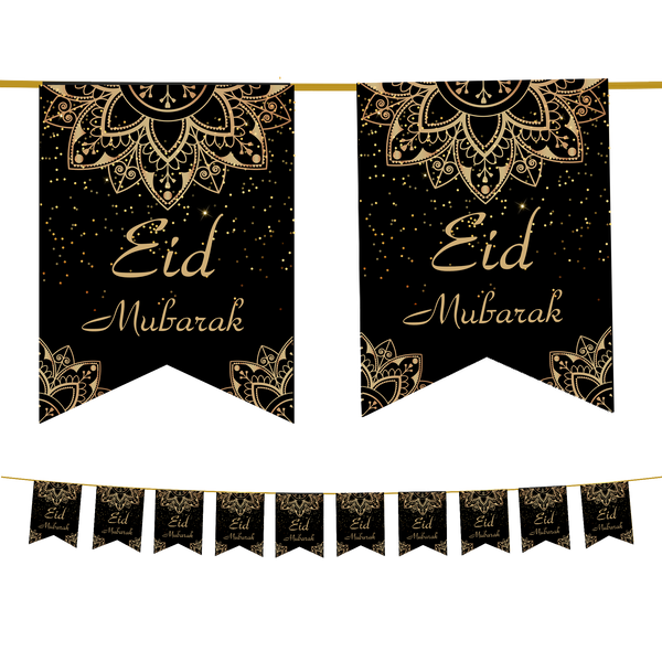 Eid Mubarak Bunting - Black & Gold Geometric Flags Decoration