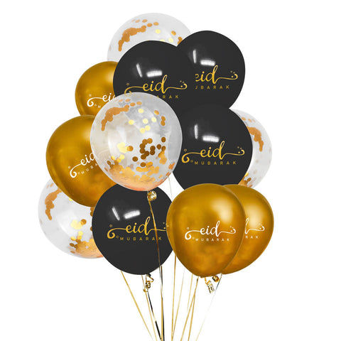 Eid Mubarak Balloons - Black, Gold & Clear Confetti