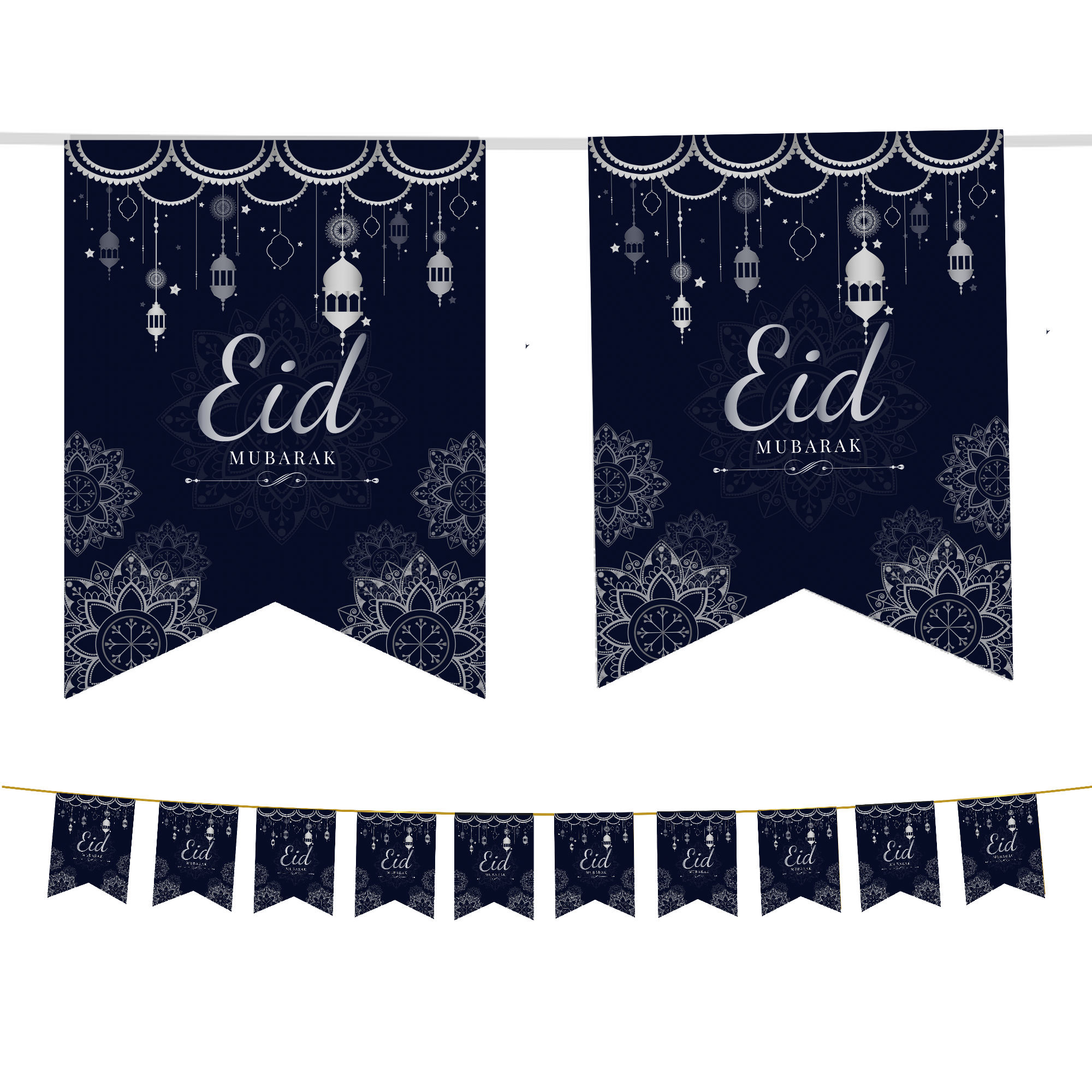 Eid Mubarak Bunting - Navy & Silver Geometric Flags Decoration