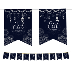 Eid Mubarak Bunting - Navy & Silver Geometric Flags Decoration