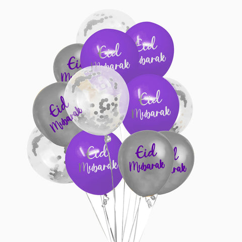 Eid Mubarak Balloons - Purple, Blue, Silver & Clear Confetti