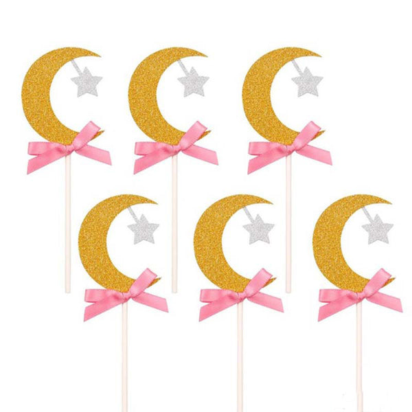 Paper Glitter Moon, Star & Bow Cupcake Topper (Pink)