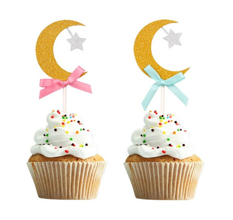 Paper Glitter Moon, Star & Bow Cupcake Topper (Blue)