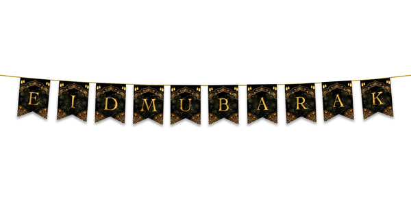 Eid Mubarak Bunting - Black & Gold Geometric Stars & Lanterns Letter Flags Decoration