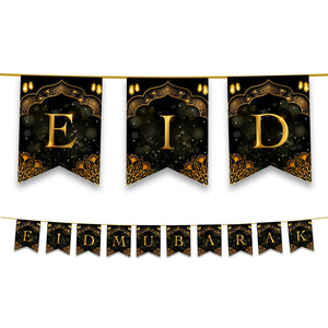 Eid Mubarak Bunting - Black & Gold Geometric Stars & Lanterns Letter Flags Decoration