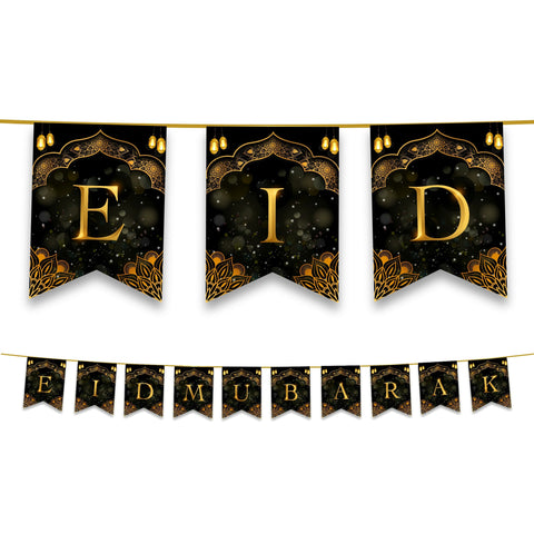 Eid Mubarak Bunting - Black & Gold Geometric Stars & Lanterns Letter Flags Decoration