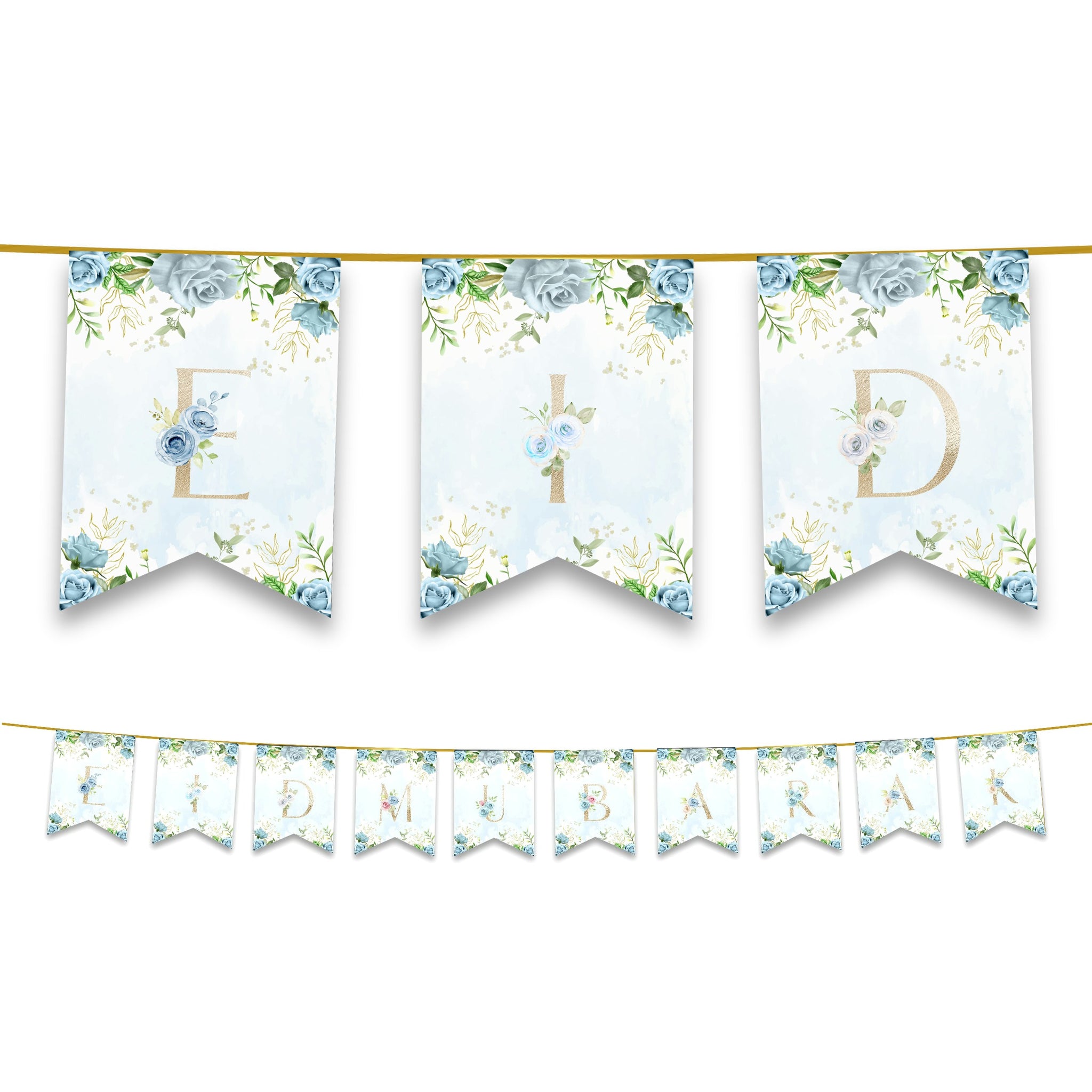 Eid Mubarak Bunting - Blue & Gold Floral Letter Flags Decoration