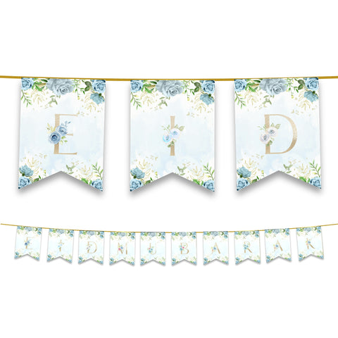 Eid Mubarak Bunting - Blue & Gold Floral Letter Flags Decoration