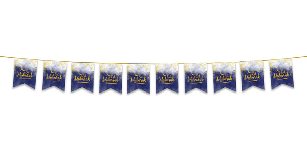 Eid Mubarak Bunting - Blue, White & Gold Watercolour Ombre Flags Decoration