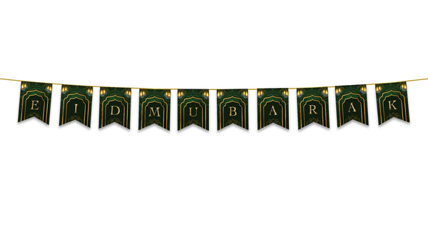 Eid Mubarak Bunting - Green & Gold Lanterns Letter Flags Decoration