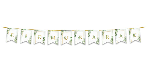 Eid Mubarak Bunting - Green & Gold Forest Leaves Letter Flags Decoration