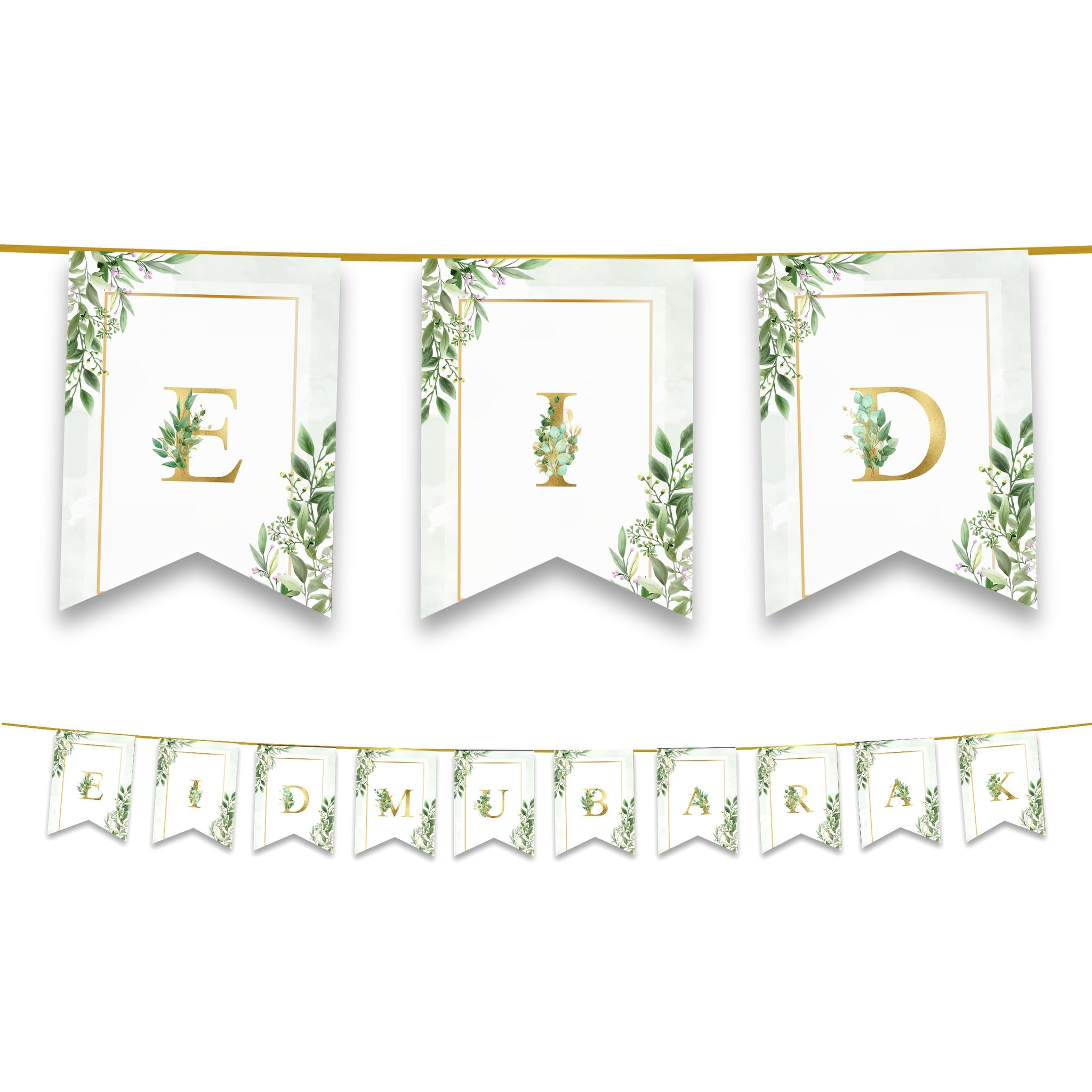 Eid Mubarak Bunting - Green & Gold Forest Leaves Letter Flags Decoration