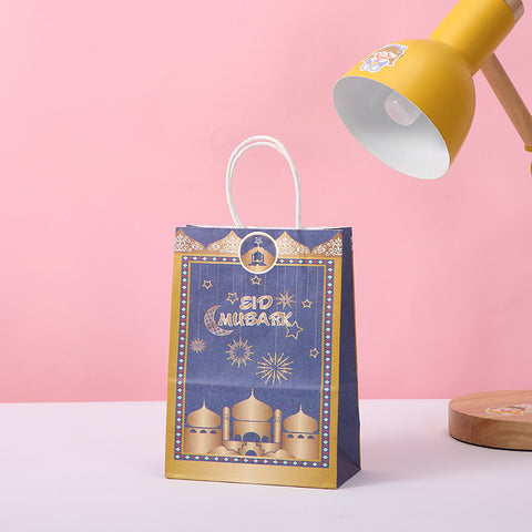 Eid Mubarak Kraft Paper Bag - Blue & Gold Mosque - 5 pack