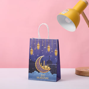 Eid Mubarak Kraft Paper Bag - Blue & Gold Hanging Lanterns Moon & Star - 5 pack