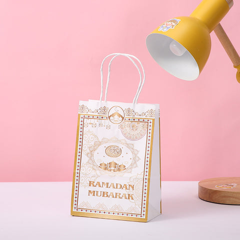 Ramadan Mubarak Kraft Paper Bag - White & Gold Geometric - 5 pack