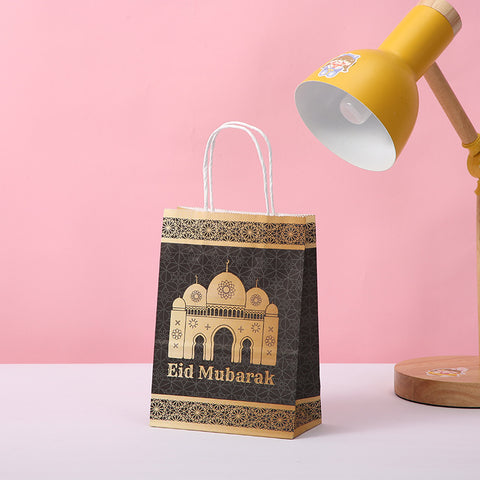 Eid Mubarak Kraft Paper Bag - Black & Gold Geometric - 5 pack
