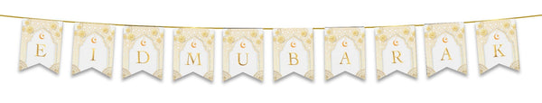 Eid Mubarak Bunting - White & Gold Geometric Arabesque Letter Flags Decoration