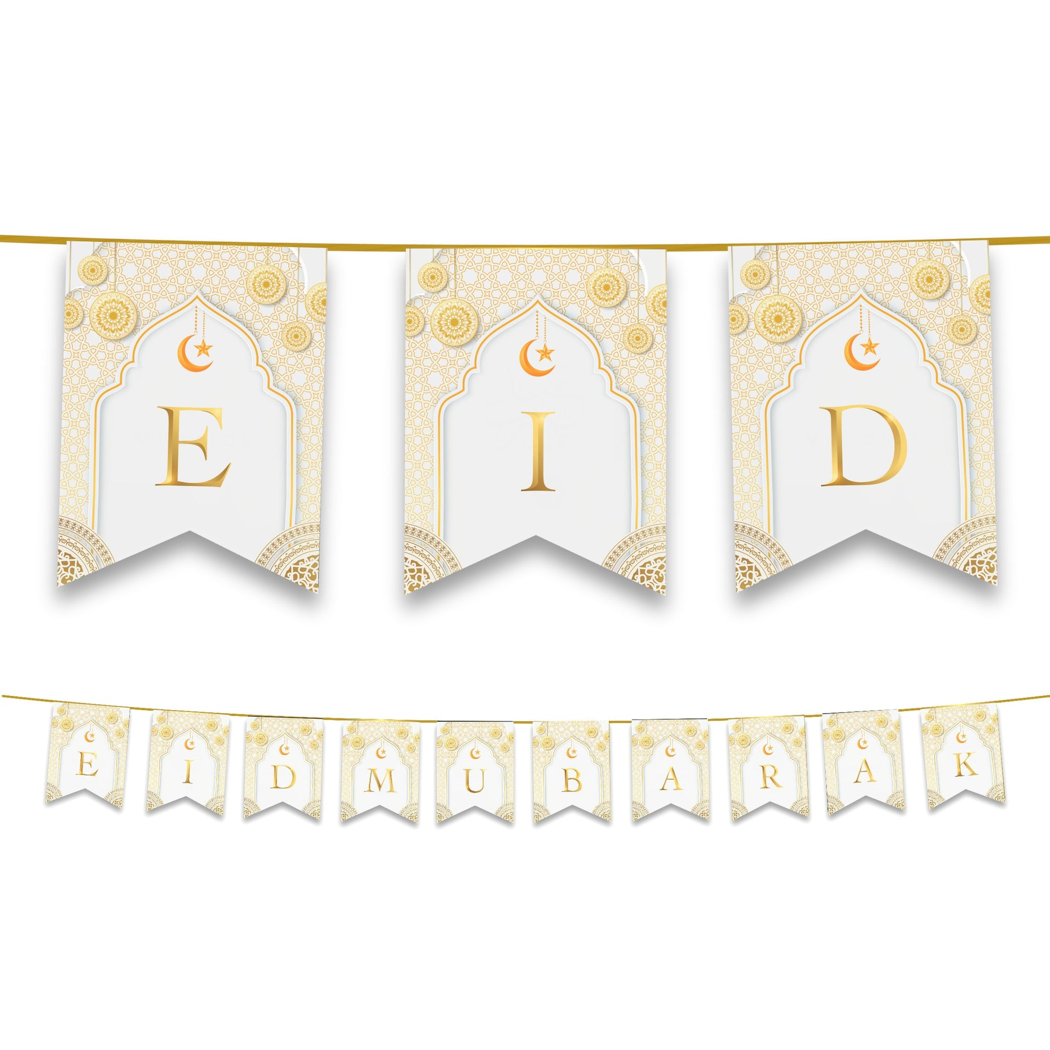 Eid Mubarak Bunting - White & Gold Geometric Arabesque Letter Flags Decoration