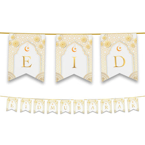 Eid Mubarak Bunting - White & Gold Geometric Arabesque Letter Flags Decoration