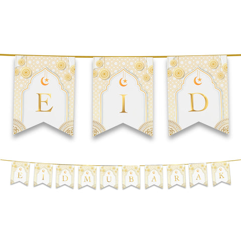 Eid Mubarak Bunting - White & Gold Geometric Arabesque Letter Flags Decoration