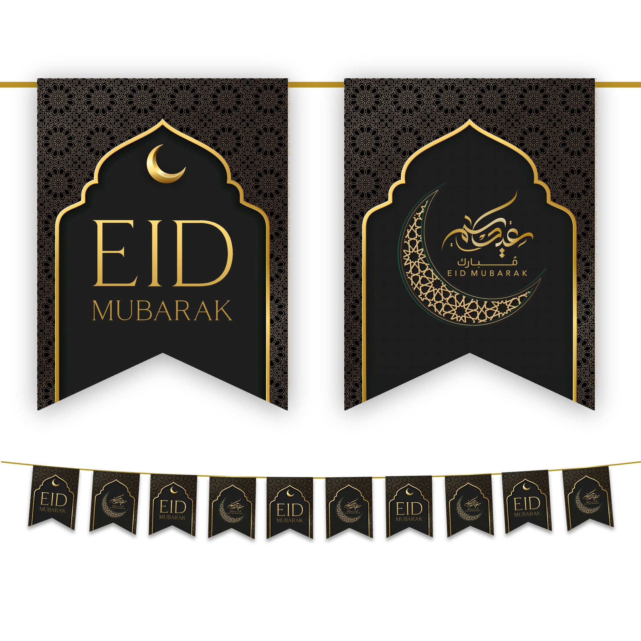 Eid Mubarak Bunting - Black & Gold Flags Decoration (2024)