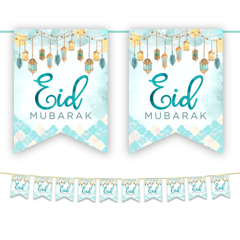 Eid Mubarak Bunting - Blue & White Lanterns Flags Decoration