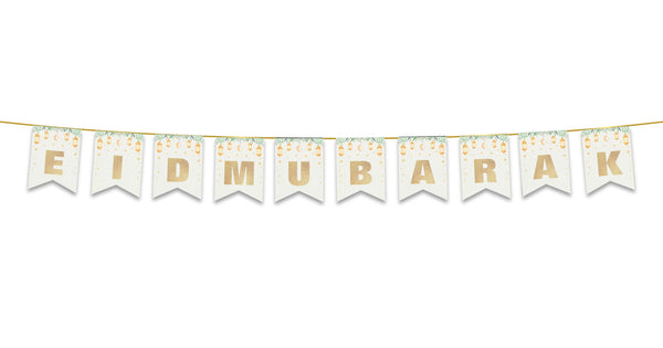 Eid Mubarak Bunting - Gold Glitter Lanterns Letters Flags Decoration