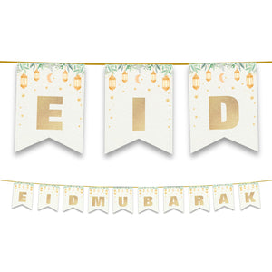 Eid Mubarak Bunting - Gold Glitter Lanterns Letters Flags Decoration