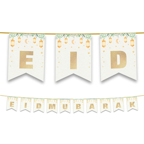 Eid Mubarak Bunting - Gold Glitter Lanterns Letters Flags Decoration
