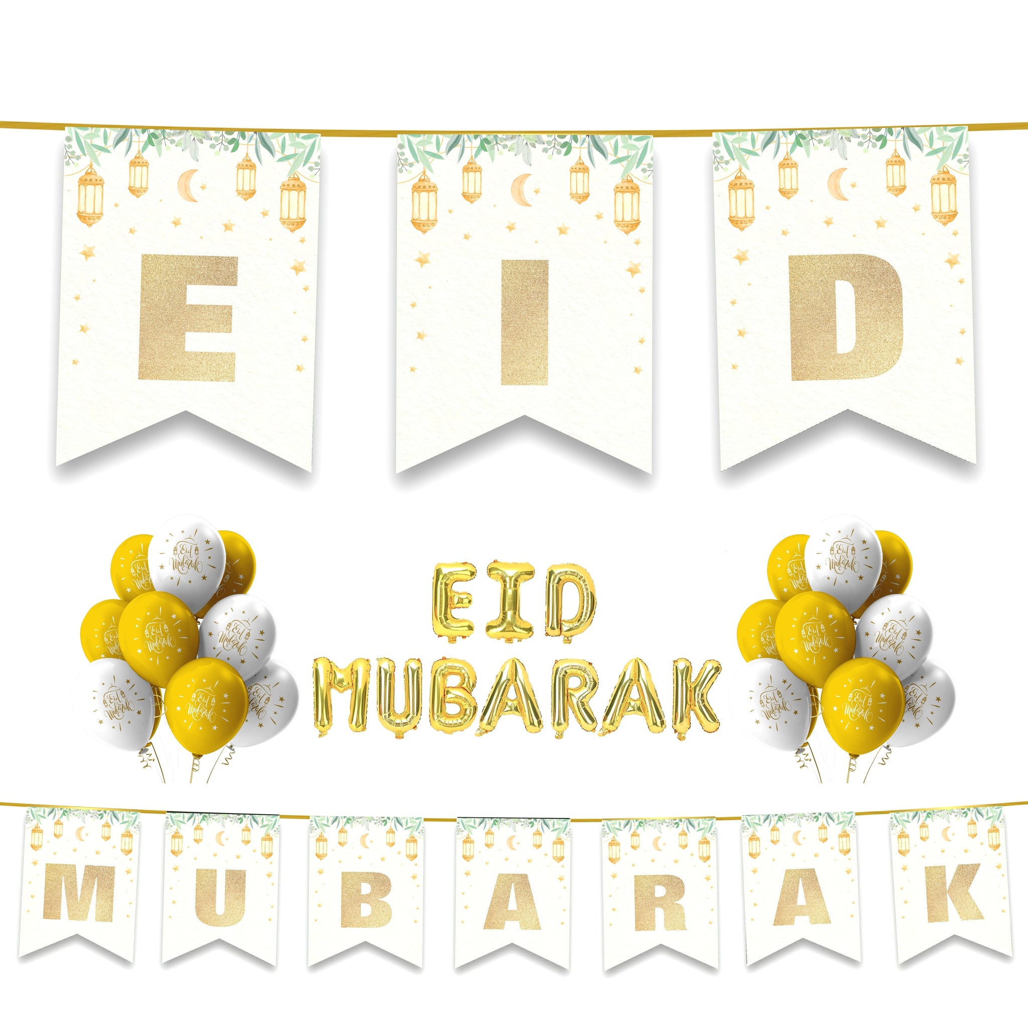 EID Mubarak 30 pc Decoration Set - Gold Glitter Lanterns