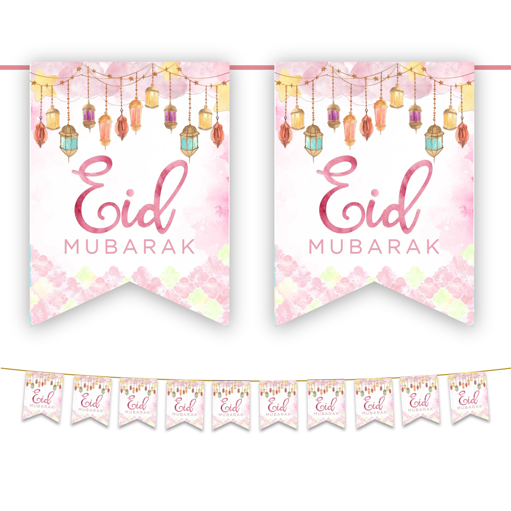 Eid Mubarak Bunting - Pink Watercolour Lanterns Flags Decoration
